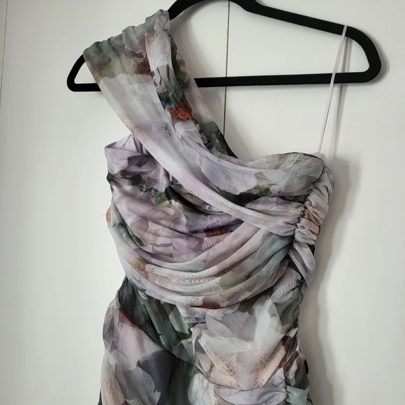 Abercrombie Mesh Asymmetrical Off-The-Shoulder Draped Maxi Dress Floral Medium - Picture 3 of 9